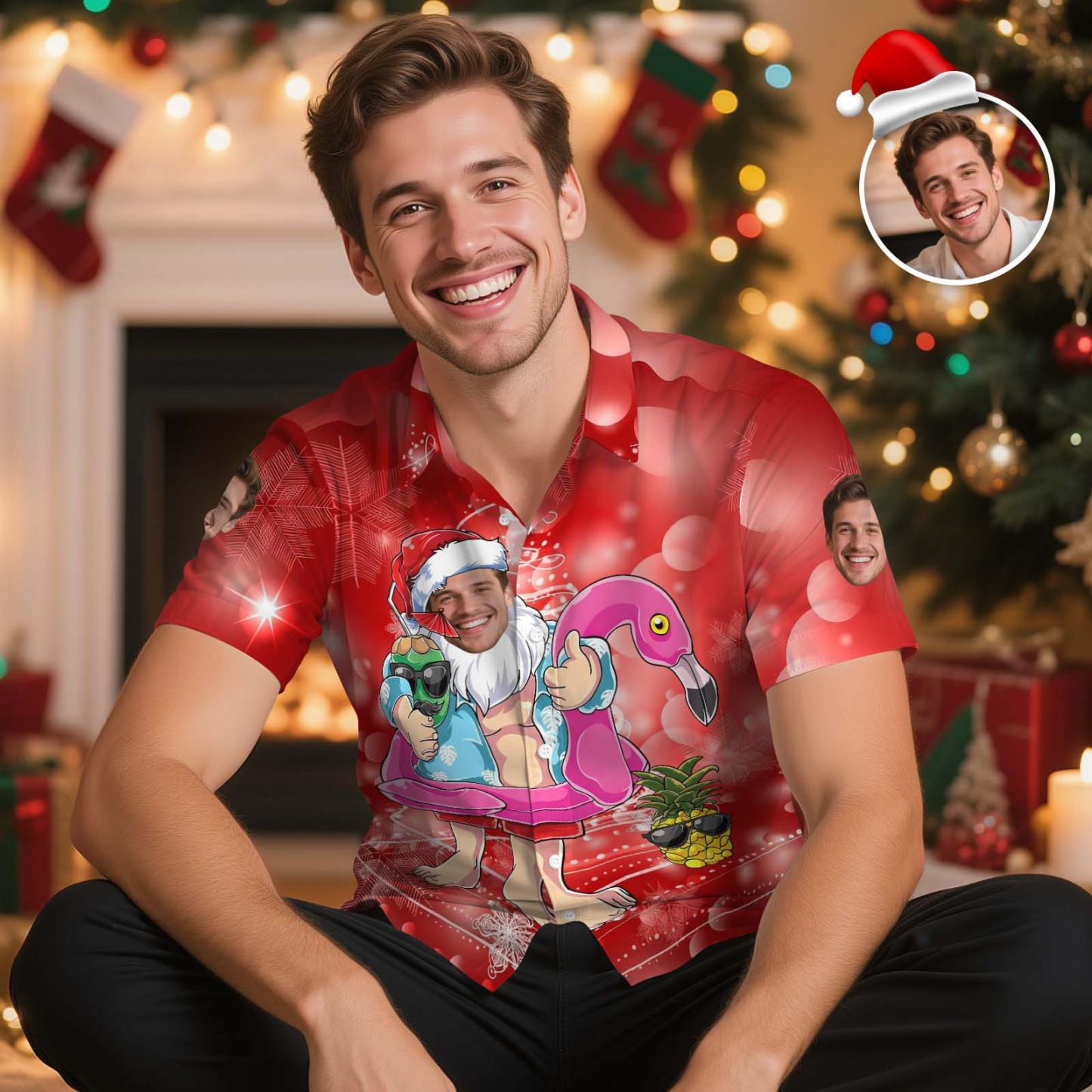 Custom Face Red Flamingo Santa Christmas Hawaiian Shirt Fun Tropical Holiday Design - MyJigsawPuzzleAu