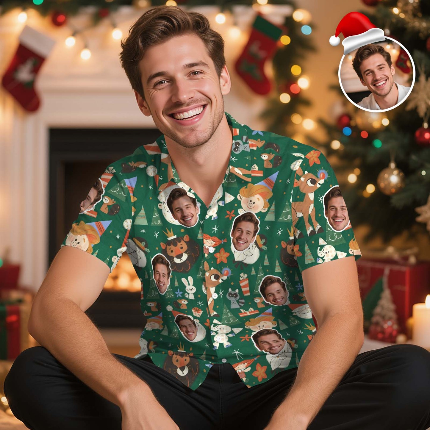 Custom Face Hawaiian Shirt Green Christmas Pattern Hawaiian Shirt With Santa, Snowman & Gift Icons - MyJigsawPuzzleAu