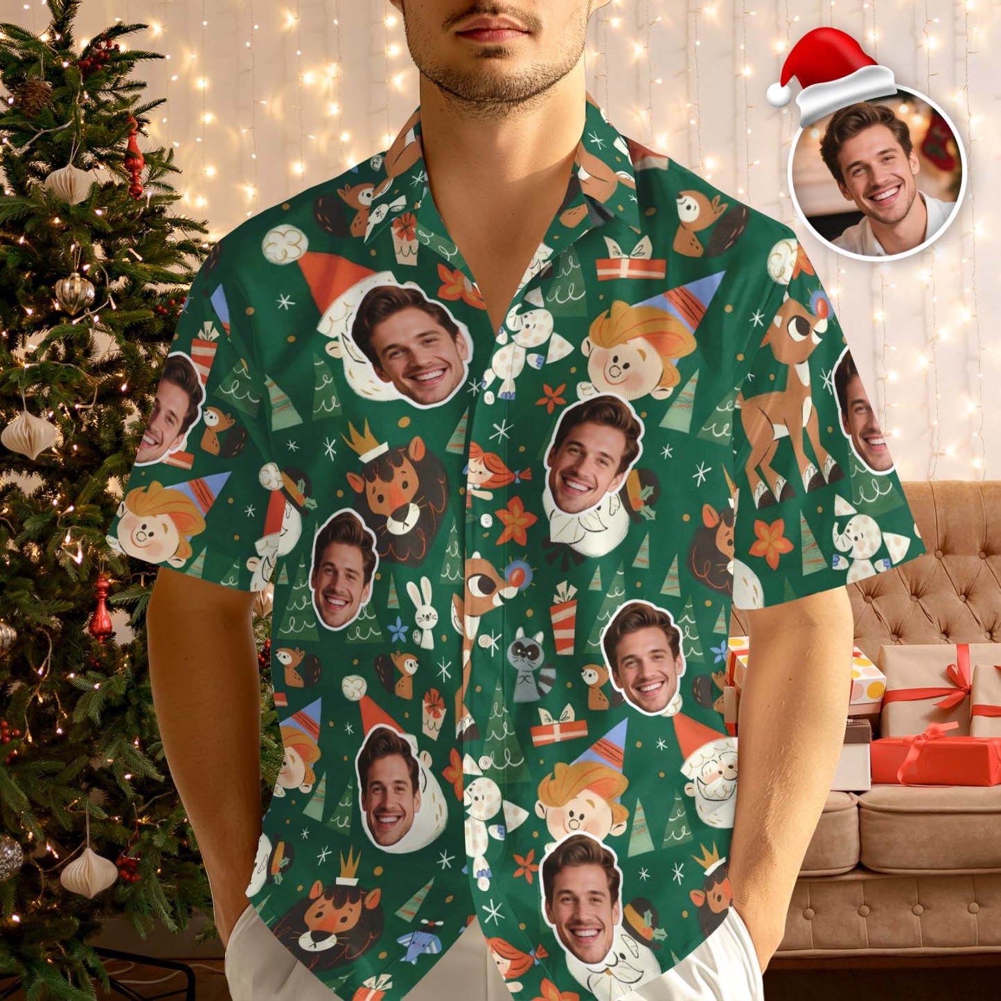 Custom Face Hawaiian Shirt Green Christmas Pattern Hawaiian Shirt With Santa, Snowman & Gift Icons - MyJigsawPuzzleAu