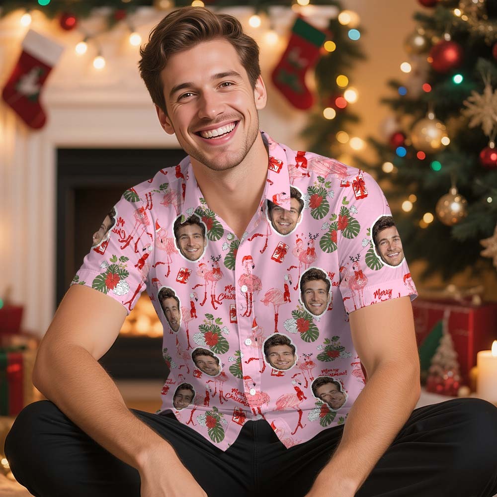 Custom Photo Hawaiian Shirt Pink Flamingo Christmas Hawaiian Shirt Cute Snowflakes & Holiday Elements - MyJigsawPuzzleAu