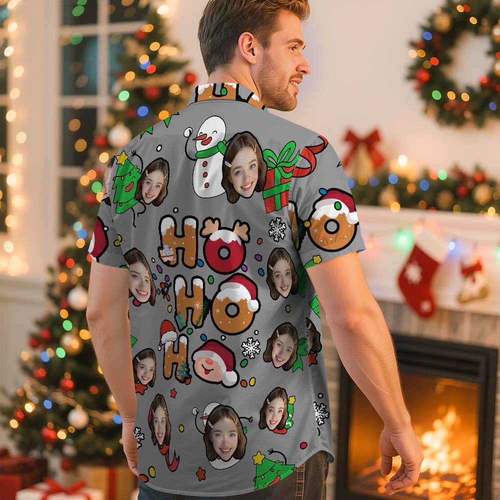Custom Photo Hawaiian Shirt "HO HO HO" Christmas Hawaiian Shirt Cute Santa & Holiday Icons - MyJigsawPuzzleAu
