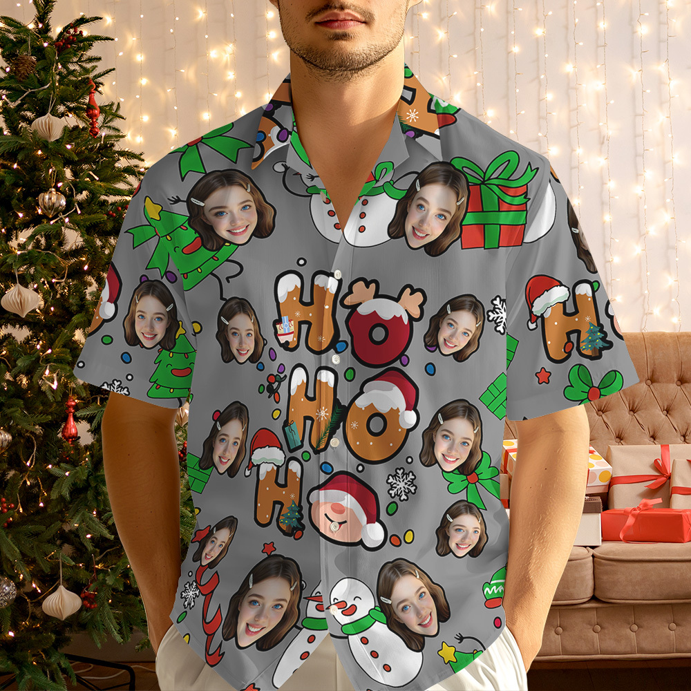 Custom Photo Hawaiian Shirt "HO HO HO" Christmas Hawaiian Shirt Cute Santa & Holiday Icons - MyJigsawPuzzleAu