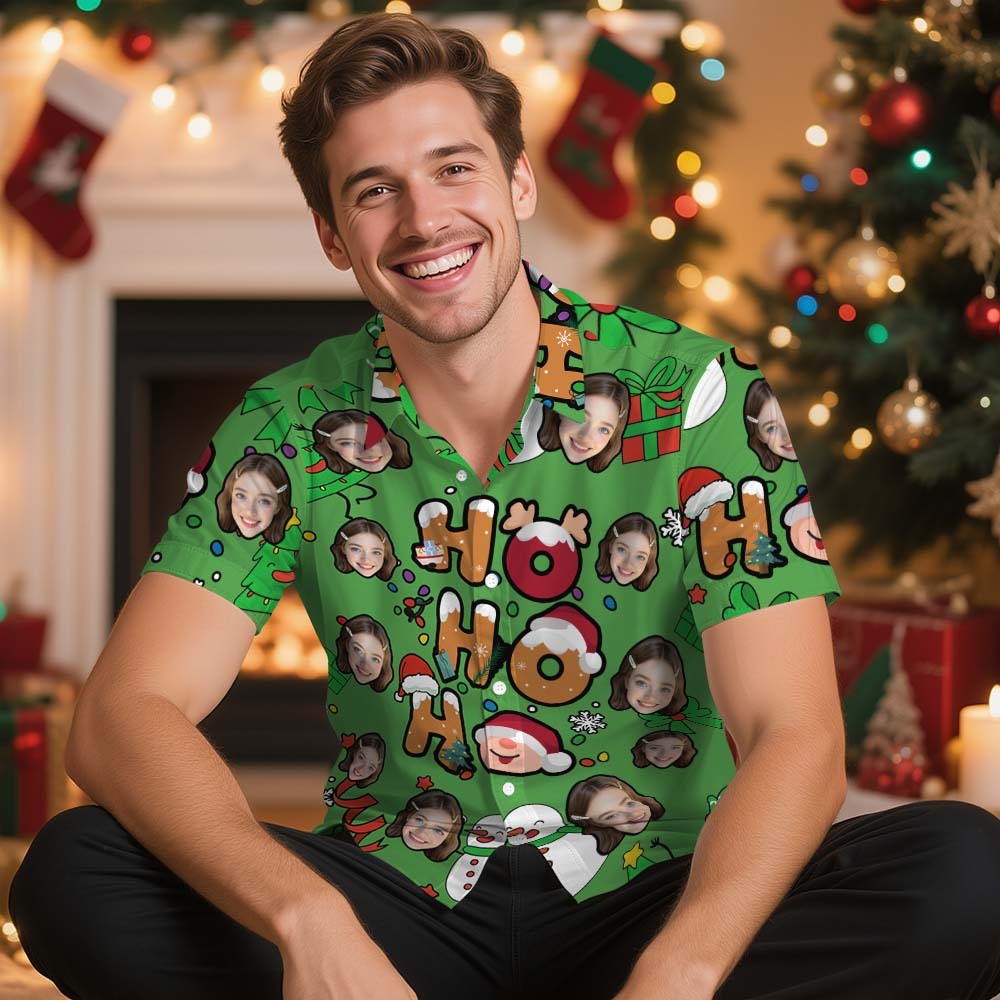 Custom Photo Hawaiian Shirt "HO HO HO" Christmas Hawaiian Shirt Cute Santa & Holiday Icons - MyJigsawPuzzleAu