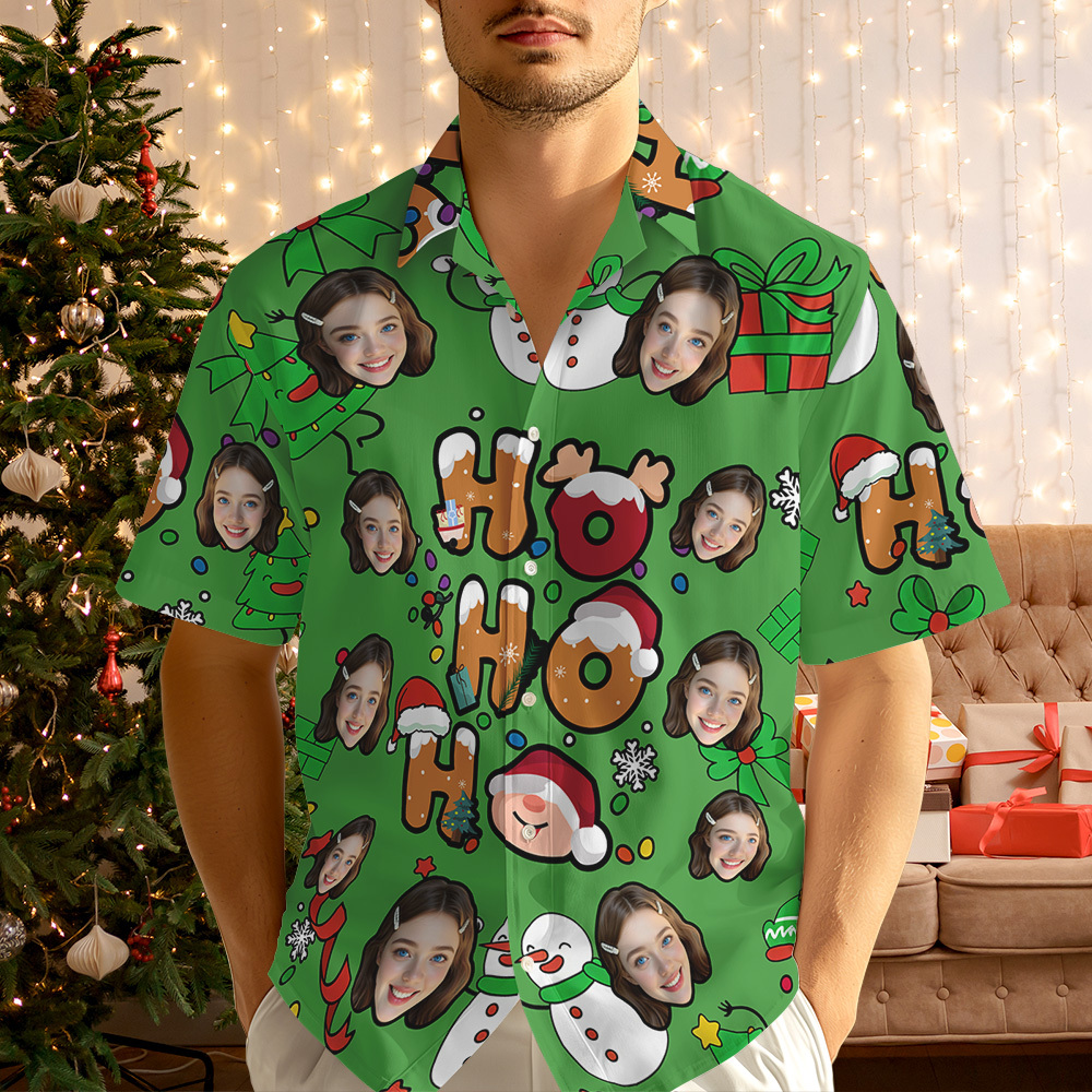Custom Photo Hawaiian Shirt "HO HO HO" Christmas Hawaiian Shirt Cute Santa & Holiday Icons - MyJigsawPuzzleAu