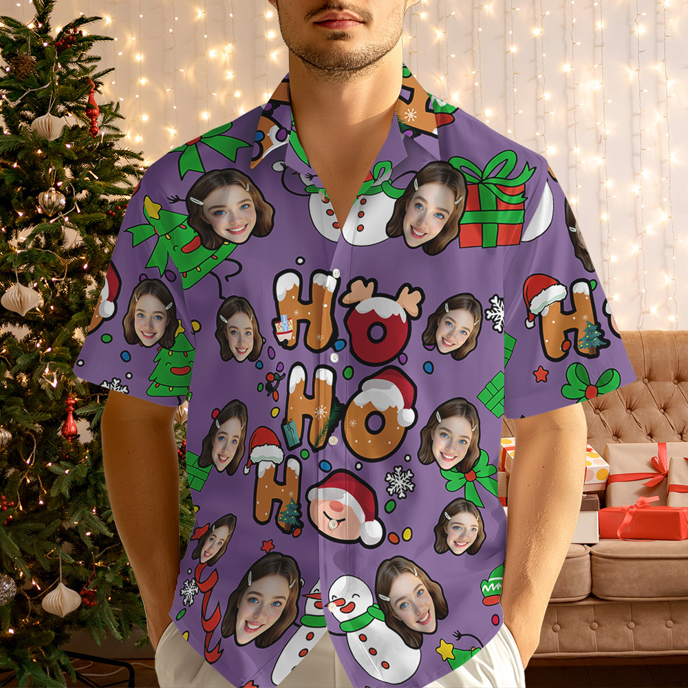 Custom Photo Hawaiian Shirt "HO HO HO" Christmas Hawaiian Shirt Cute Santa & Holiday Icons - MyJigsawPuzzleAu