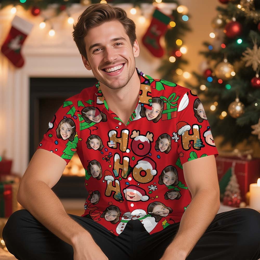 Custom Photo Hawaiian Shirt "HO HO HO" Christmas Hawaiian Shirt Cute Santa & Holiday Icons - MyJigsawPuzzleAu