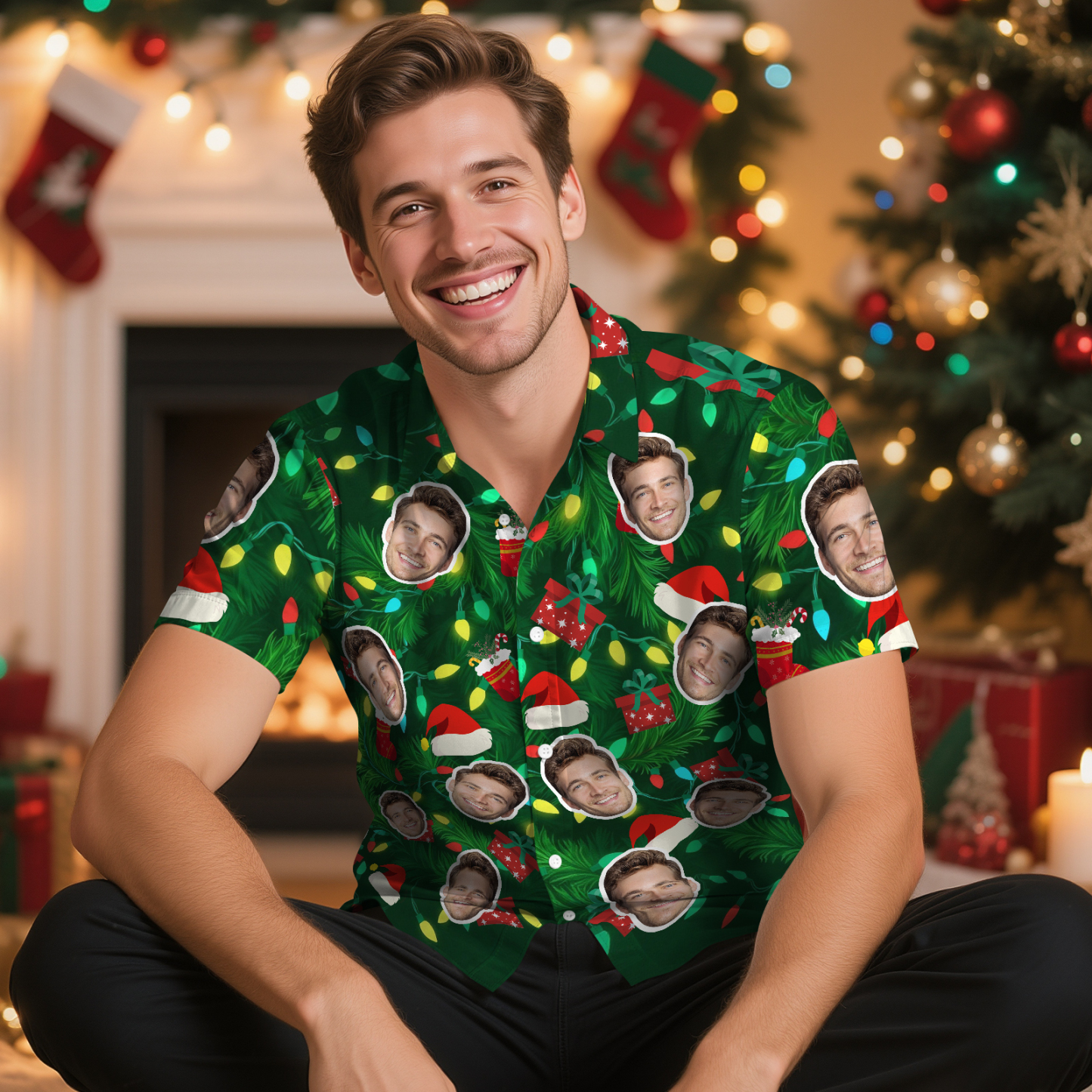 Custom Face Hawaiian Shirt Dark Green Christmas Lights & Wreath Hawaiian Shirt Holiday Pattern Design - MyJigsawPuzzleAu