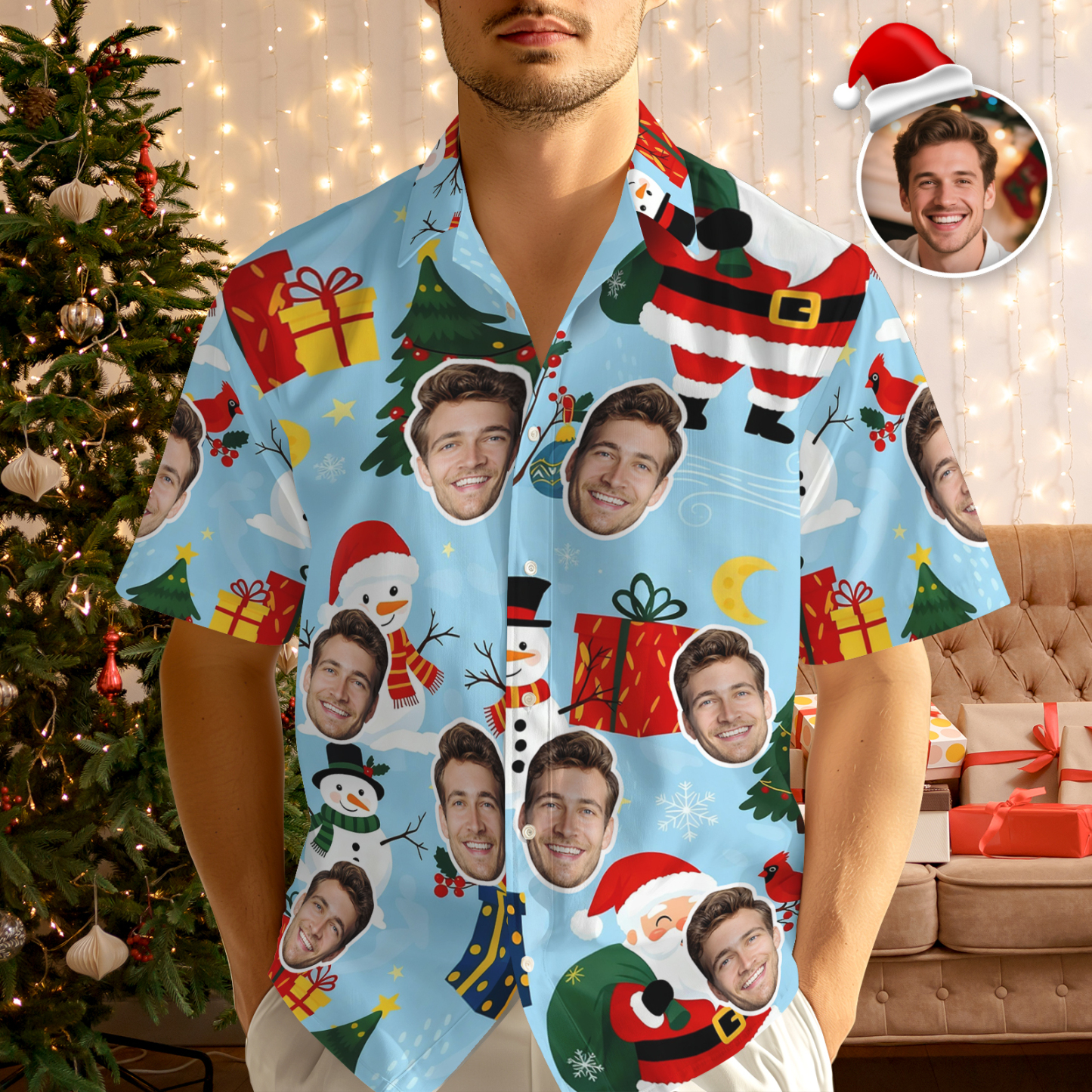 Custom Light Blue Christmas Gift Face Hawaiian Shirt Festive Icons & Personalized Faces - MyJigsawPuzzleAu
