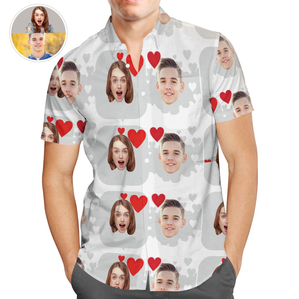 Personalised Photo Hawaiian Shirts with Heart Casual Button-Down Shirts Gift for Lover
