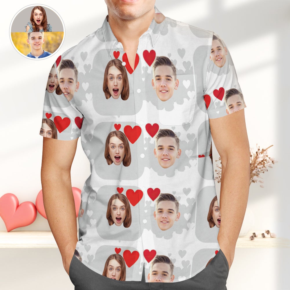 Personalised Photo Hawaiian Shirts with Heart Casual Button-Down Shirts Gift for Lover