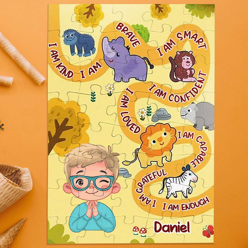 Personalized Puzzle Gift For Children Custom Name Affirmation I Am Puzzle with 5 Background Style Back to School Gift for Kids & Grandson - MyJigsawPuzzleAu
