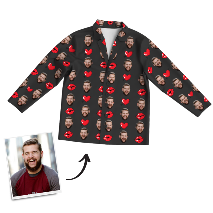 Mother's Day Gifts Heart And Kiss Face Pajamas, Custom Photo Long Sleeve Sleepwear, Nightwear, Tops And Pants