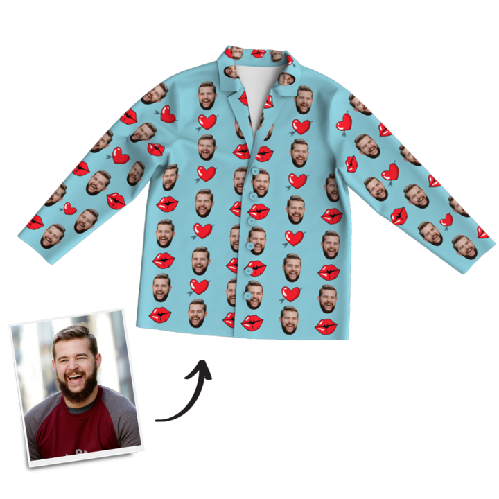 Mother's Day Gifts Heart And Kiss Face Pajamas, Custom Photo Long Sleeve Sleepwear, Nightwear, Tops And Pants