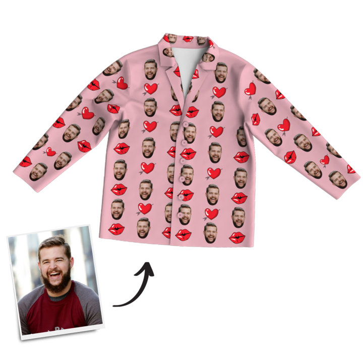 Mother's Day Gifts Heart And Kiss Face Pajamas, Custom Photo Long Sleeve Sleepwear, Nightwear, Tops And Pants