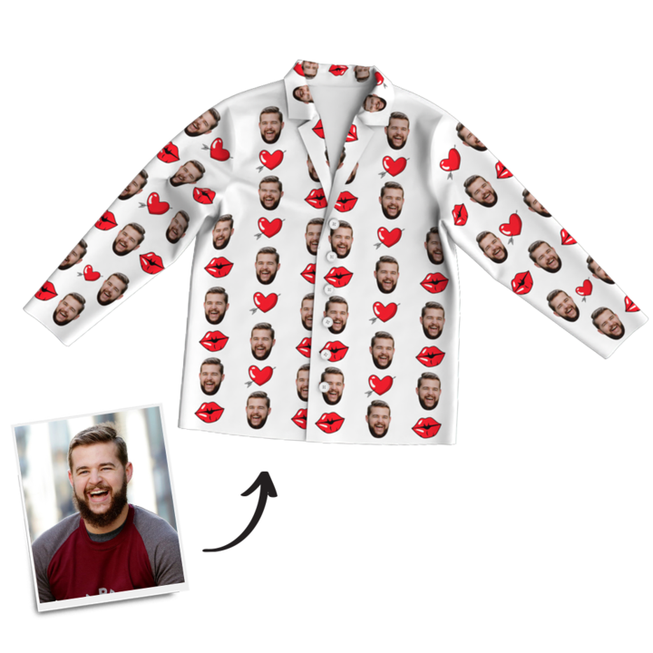 Mother's Day Gifts Heart And Kiss Face Pajamas, Custom Photo Long Sleeve Sleepwear, Nightwear, Tops And Pants