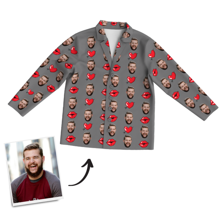 Mother's Day Gifts Heart And Kiss Face Pajamas, Custom Photo Long Sleeve Sleepwear, Nightwear, Tops And Pants