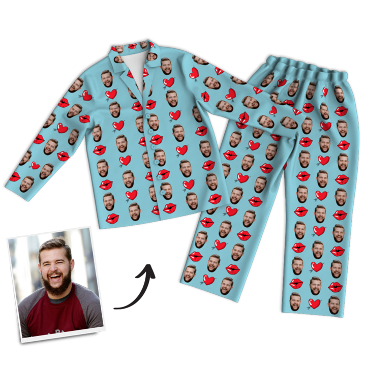 Mother's Day Gifts Heart And Kiss Face Pajamas, Custom Photo Long Sleeve Sleepwear, Nightwear, Tops And Pants