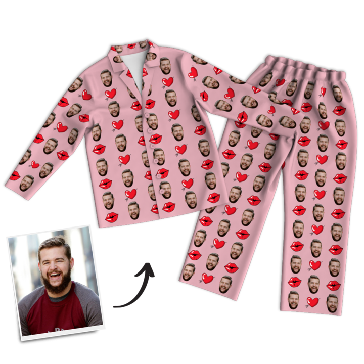 Mother's Day Gifts Heart And Kiss Face Pajamas, Custom Photo Long Sleeve Sleepwear, Nightwear, Tops And Pants