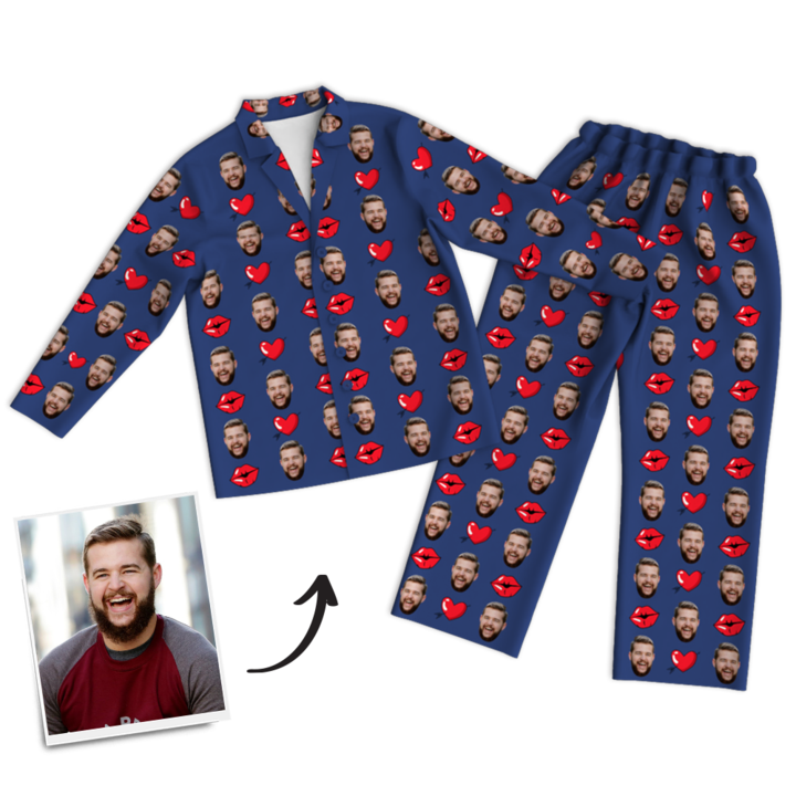 Mother's Day Gifts Heart And Kiss Face Pajamas, Custom Photo Long Sleeve Sleepwear, Nightwear, Tops And Pants