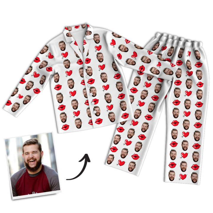 Mother's Day Gifts Heart And Kiss Face Pajamas, Custom Photo Long Sleeve Sleepwear, Nightwear, Tops And Pants