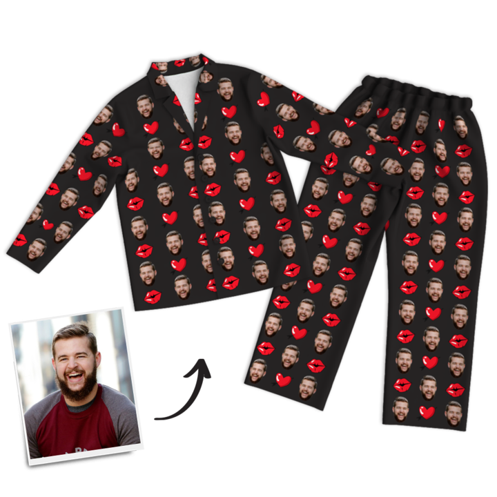 Mother's Day Gifts Heart And Kiss Face Pajamas, Custom Photo Long Sleeve Sleepwear, Nightwear, Tops And Pants