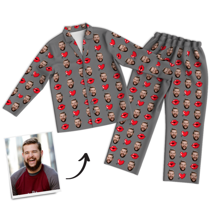 Mother's Day Gifts Heart And Kiss Face Pajamas, Custom Photo Long Sleeve Sleepwear, Nightwear, Tops And Pants