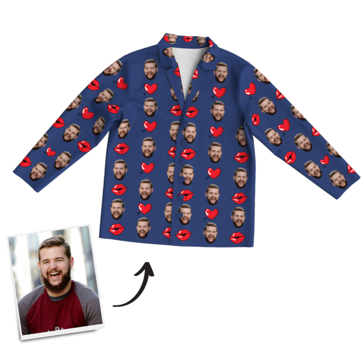 Mother's Day Gifts Heart And Kiss Face Pajamas, Custom Photo Long Sleeve Sleepwear, Nightwear, Tops And Pants
