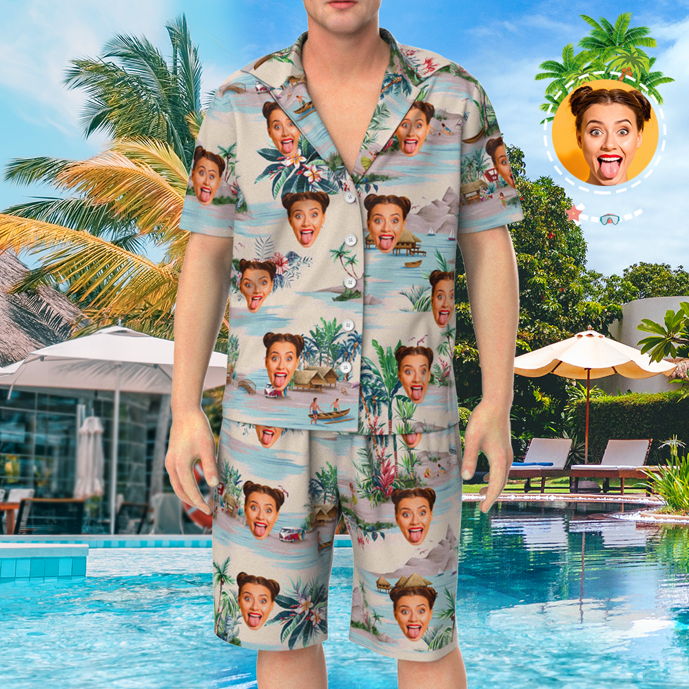 Custom Face On Pajamas Set, Button-Down Nightwear, Short Sleeve Sleepwear - Landscape Pattern