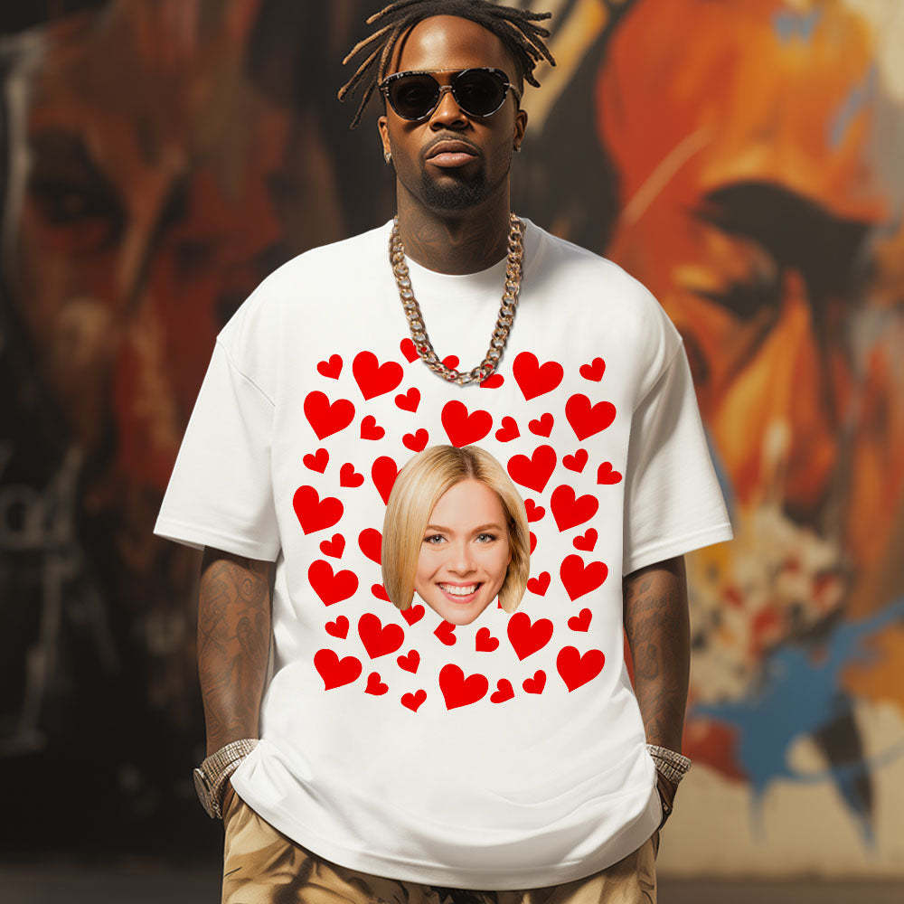 Custom Photo Vintage Tee Personalized Couple T-shirt Red Hearts Valentine's Day Gifts for Couple - MyFacepajamasAU