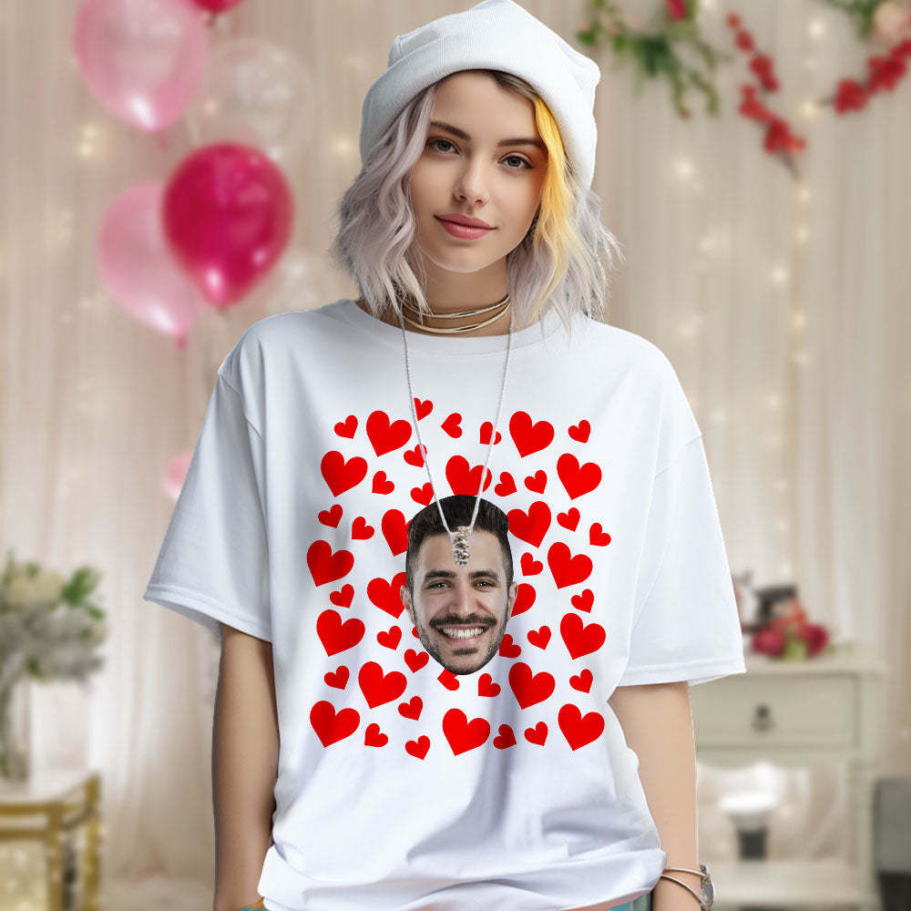 Custom Photo Vintage Tee Personalized Couple T-shirt Red Hearts Valentine's Day Gifts for Couple - MyFacepajamasAU