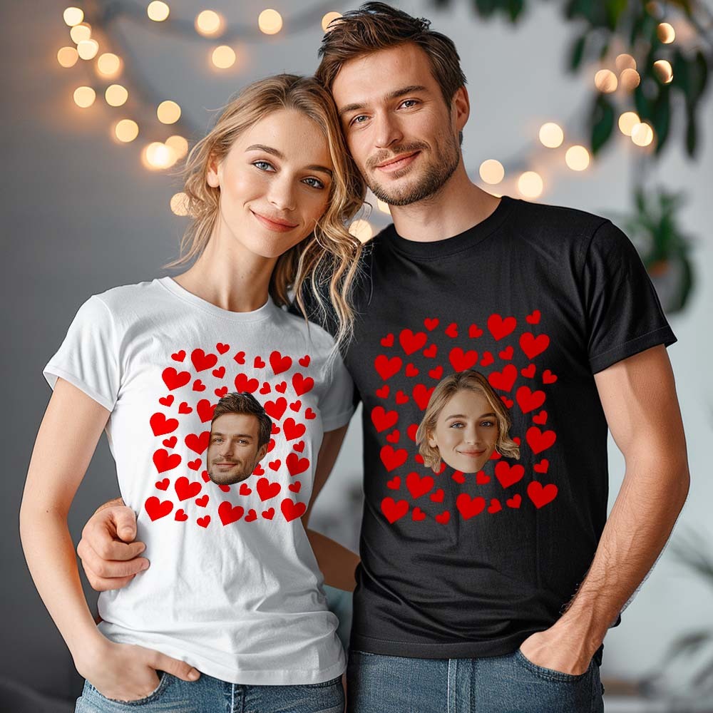 Custom Photo Vintage Tee Personalized Couple T-shirt  Red Hearts Valentine's Day Gifts for Couple - MyFacepajamasAU