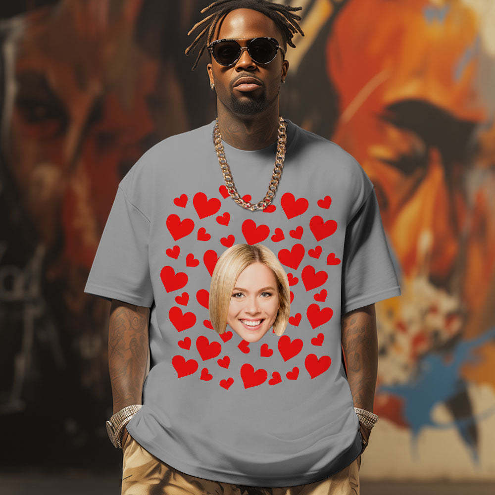 Custom Photo Vintage Tee Personalized Couple T-shirt Red Hearts Valentine's Day Gifts for Couple - MyFacepajamasAU