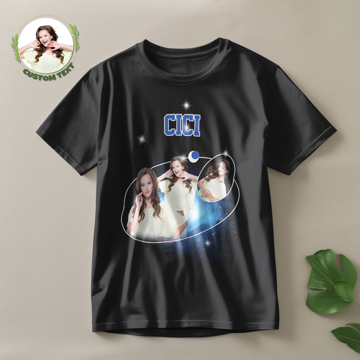 Custom Photo and Name Vintage T-Shirt Cosmic Galaxy and Crescent Moon Vintage T-Shirt Gift For Men - MyFacepajamasAU