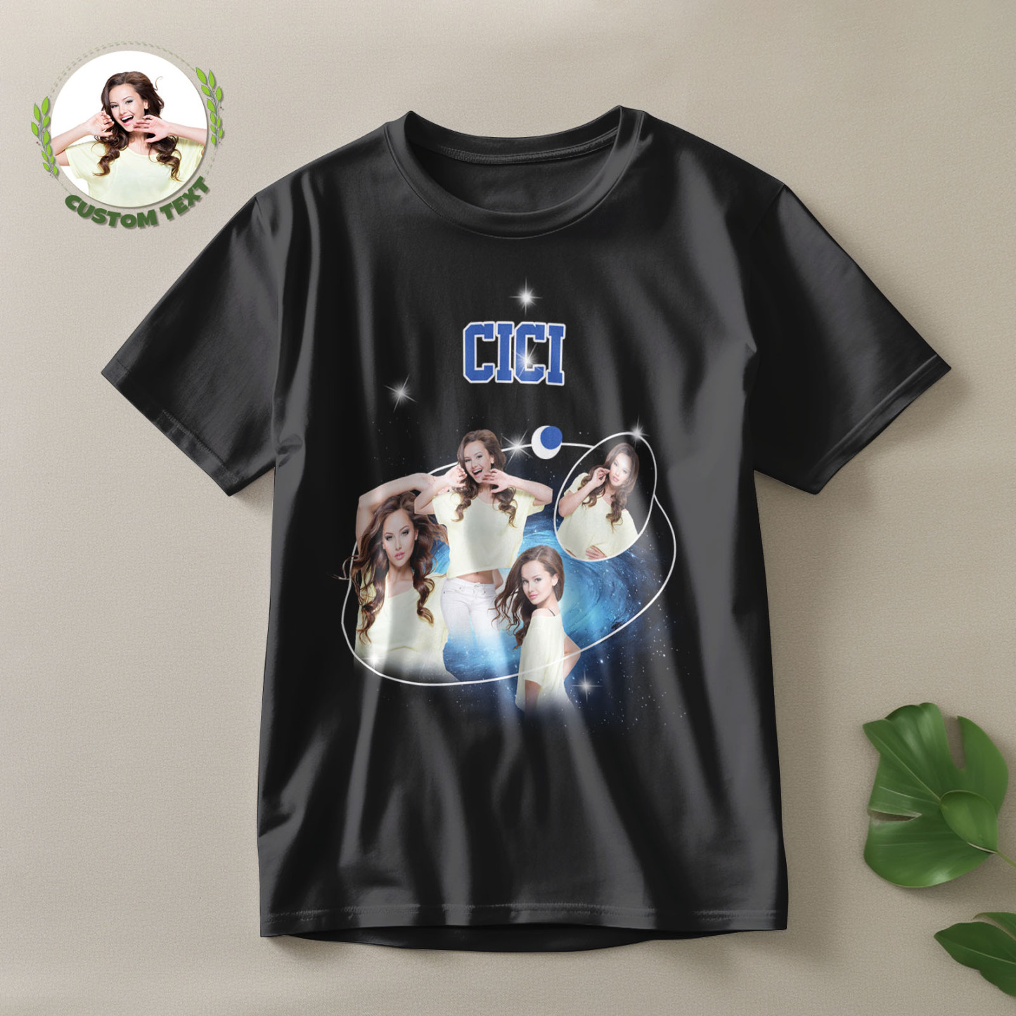 Custom Photo and Name Vintage T-Shirt Cosmic Galaxy and Crescent Moon Vintage T-Shirt Gift For Men - MyFacepajamasAU
