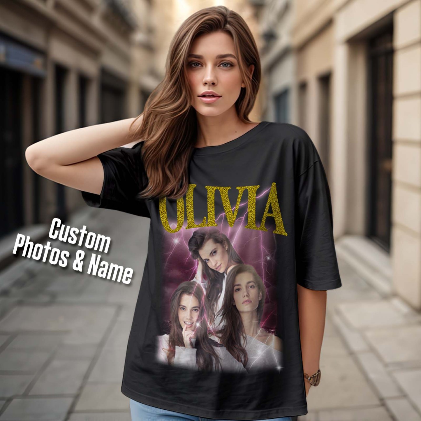 Custom Photo Vintage Tee Personalized Applique Glitter Name T-shirt Couple Gifts - MyFacepajamasAU