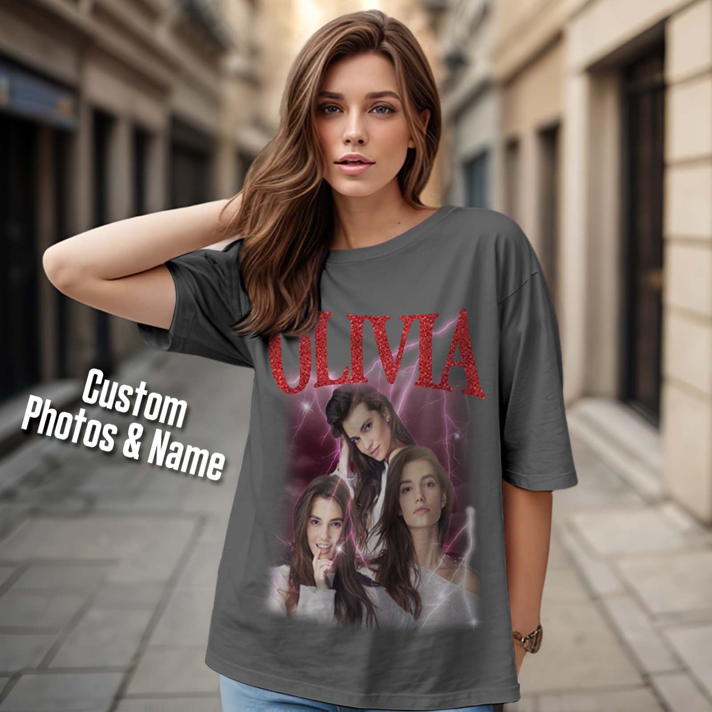 Custom Photo Vintage Tee Personalized Applique Glitter Name T-shirt Couple Gifts - MyFacepajamasAU