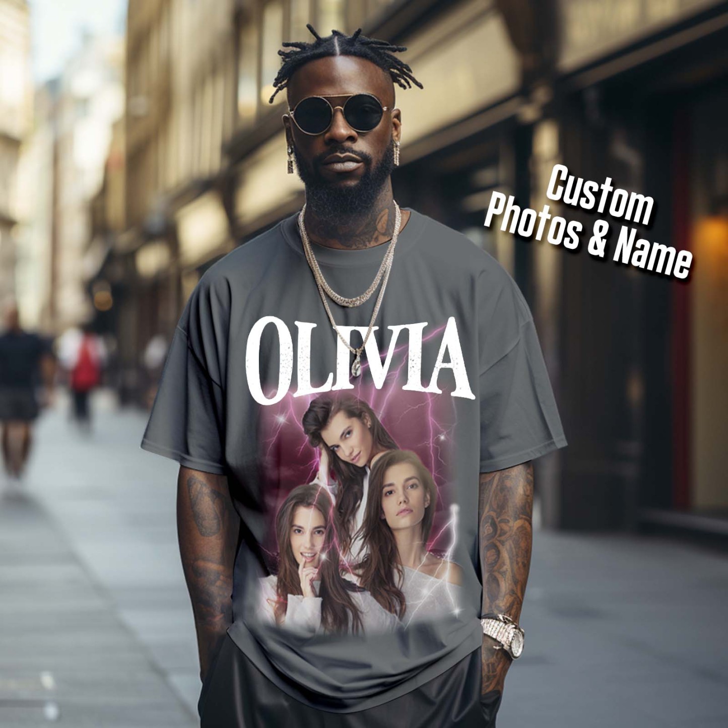Custom Photo Vintage Tee Personalized Applique Glitter Name T-shirt Couple Gifts - MyFacepajamasAU