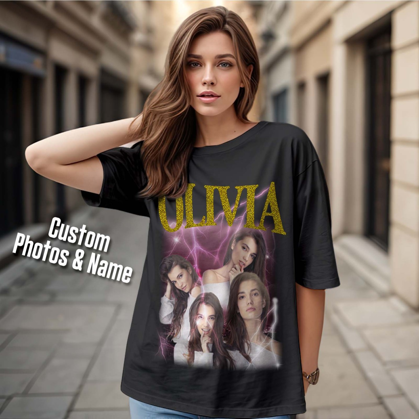 Custom Photo Vintage Tee Personalized Applique Glitter Name T-shirt Couple Gifts - MyFacepajamasAU