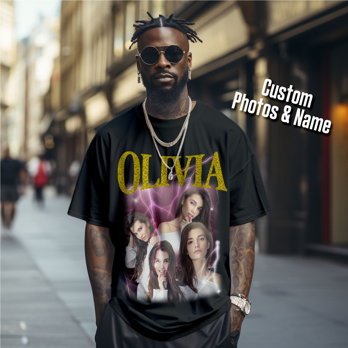 Custom Photo Vintage Tee Personalized Applique Glitter Name T-shirt Couple Gifts - MyFacepajamasAU