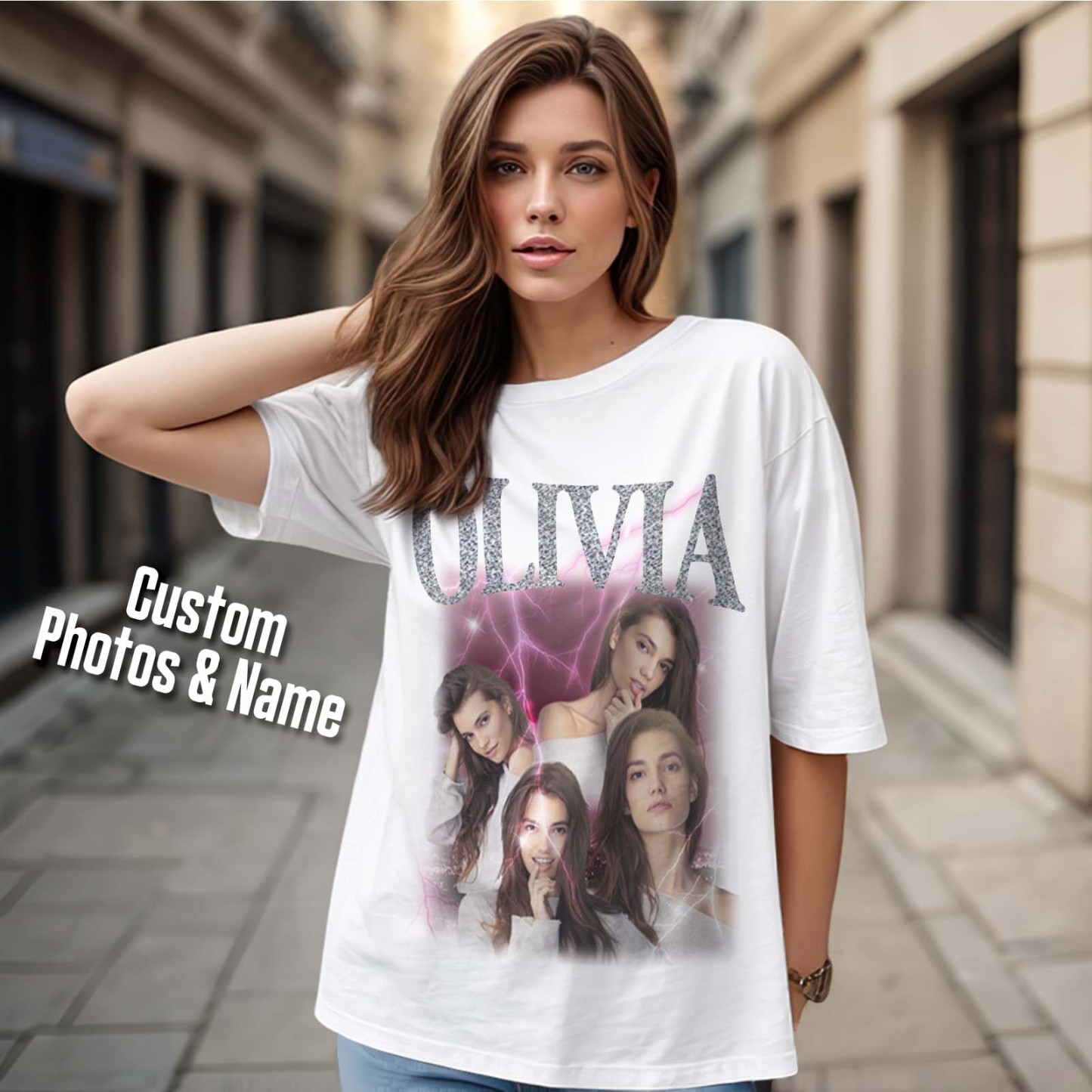 Custom Photo Vintage Tee Personalized Applique Glitter Name T-shirt Couple Gifts - MyFacepajamasAU