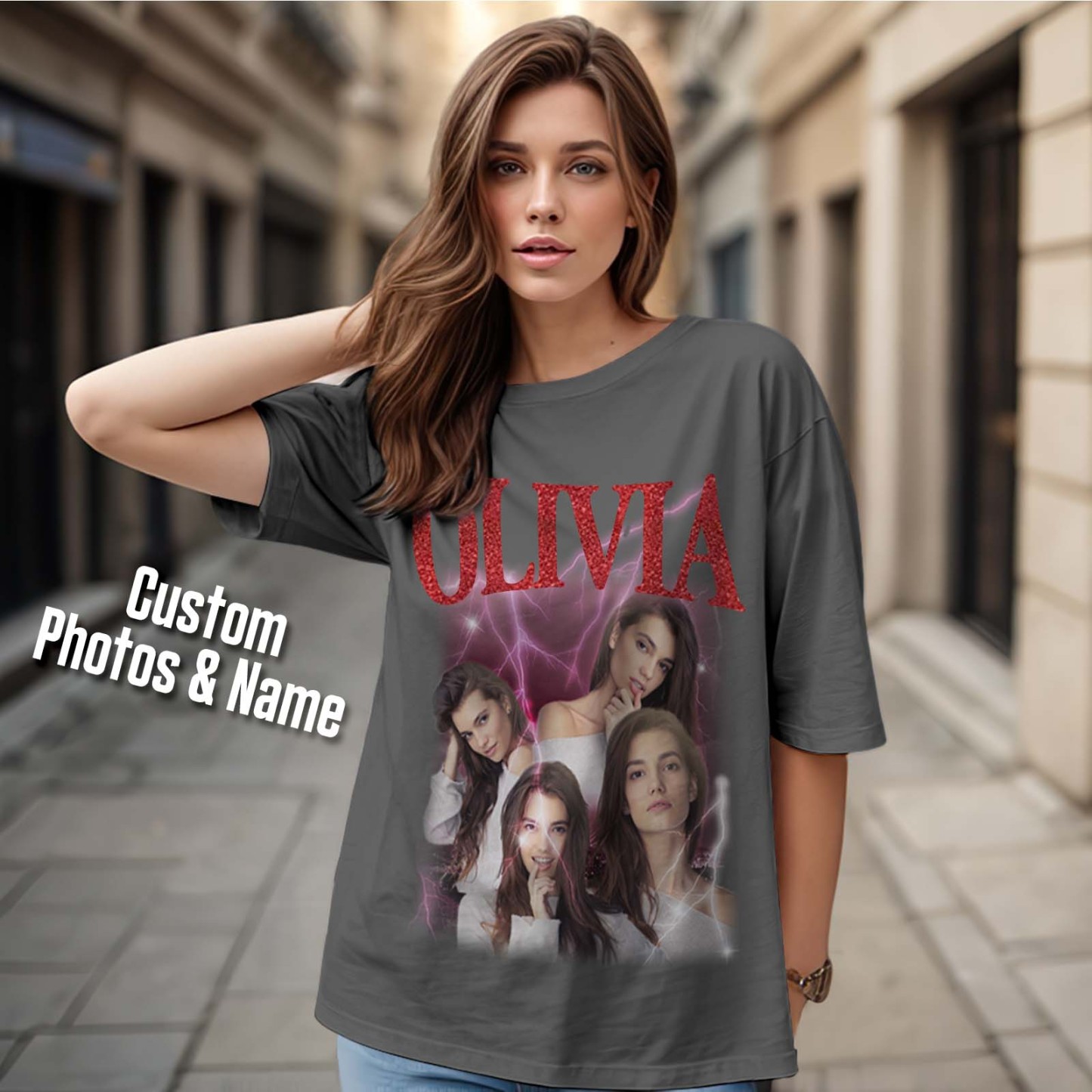 Custom Photo Vintage Tee Personalized Applique Glitter Name T-shirt Couple Gifts - MyFacepajamasAU
