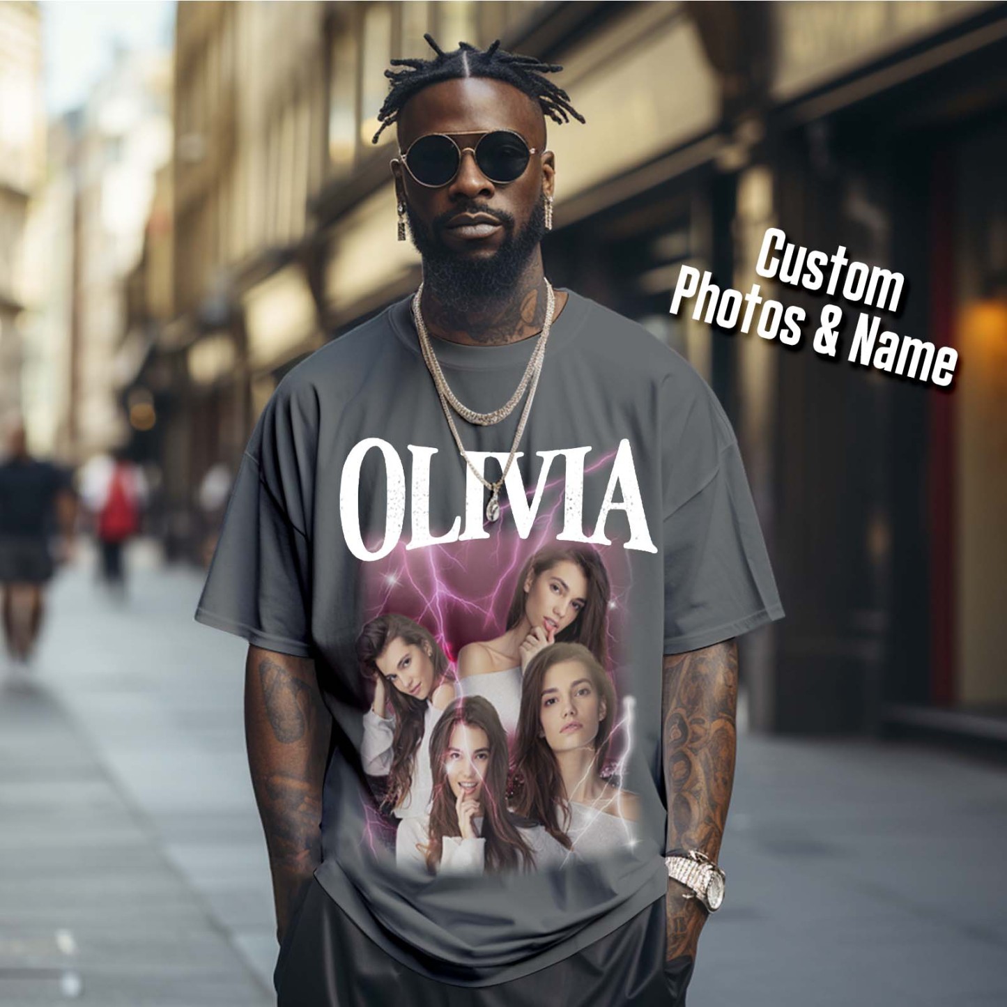 Custom Photo Vintage Tee Personalized Applique Glitter Name T-shirt Couple Gifts - MyFacepajamasAU