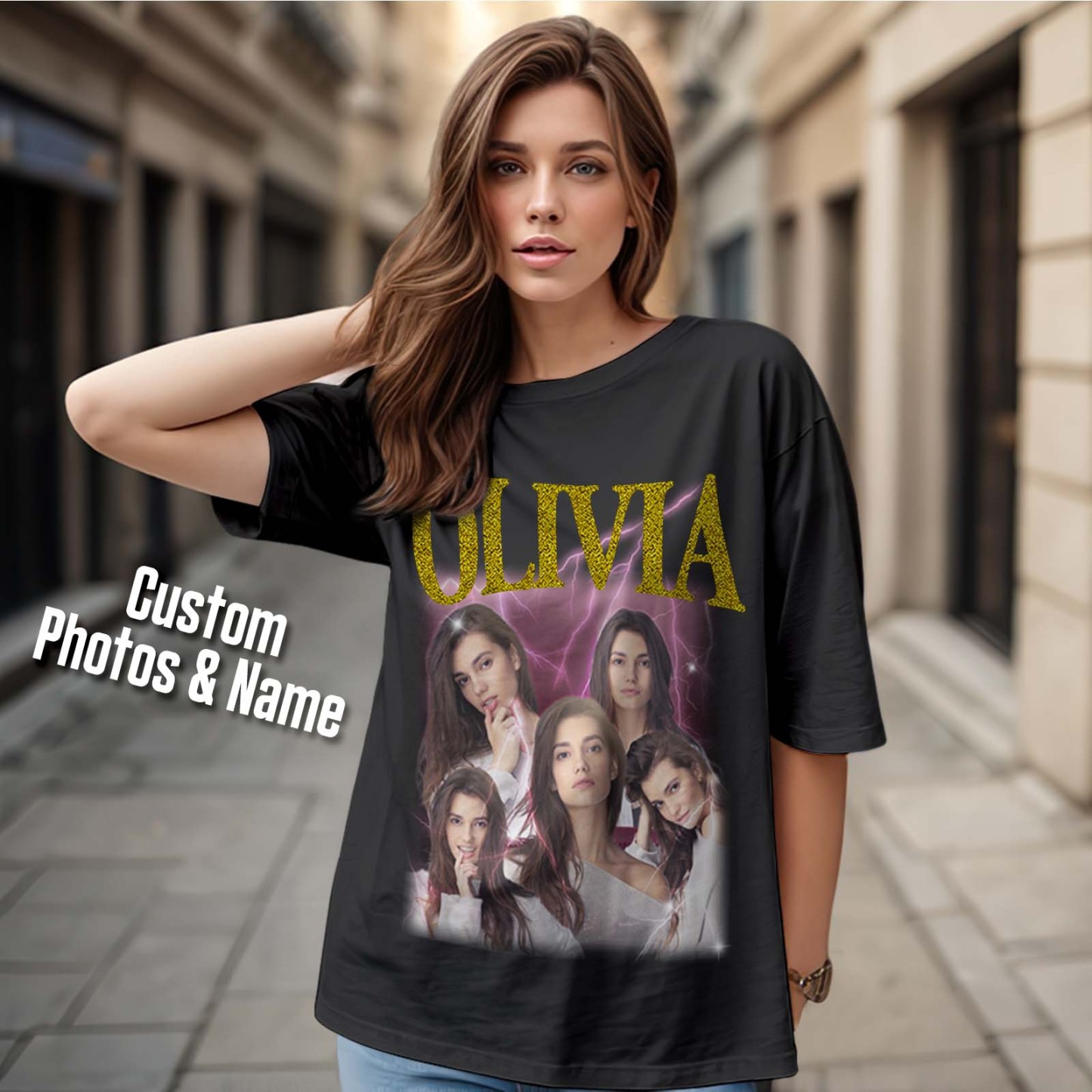 Custom Photo Vintage Tee Personalized Applique Glitter Name T-shirt Couple Gifts - MyFacepajamasAU