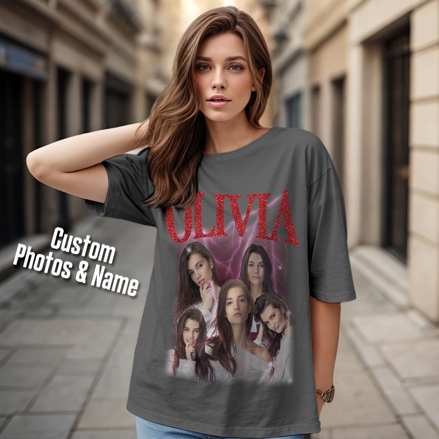 Custom Photo Vintage Tee Personalized Applique Glitter Name T-shirt Couple Gifts - MyFacepajamasAU