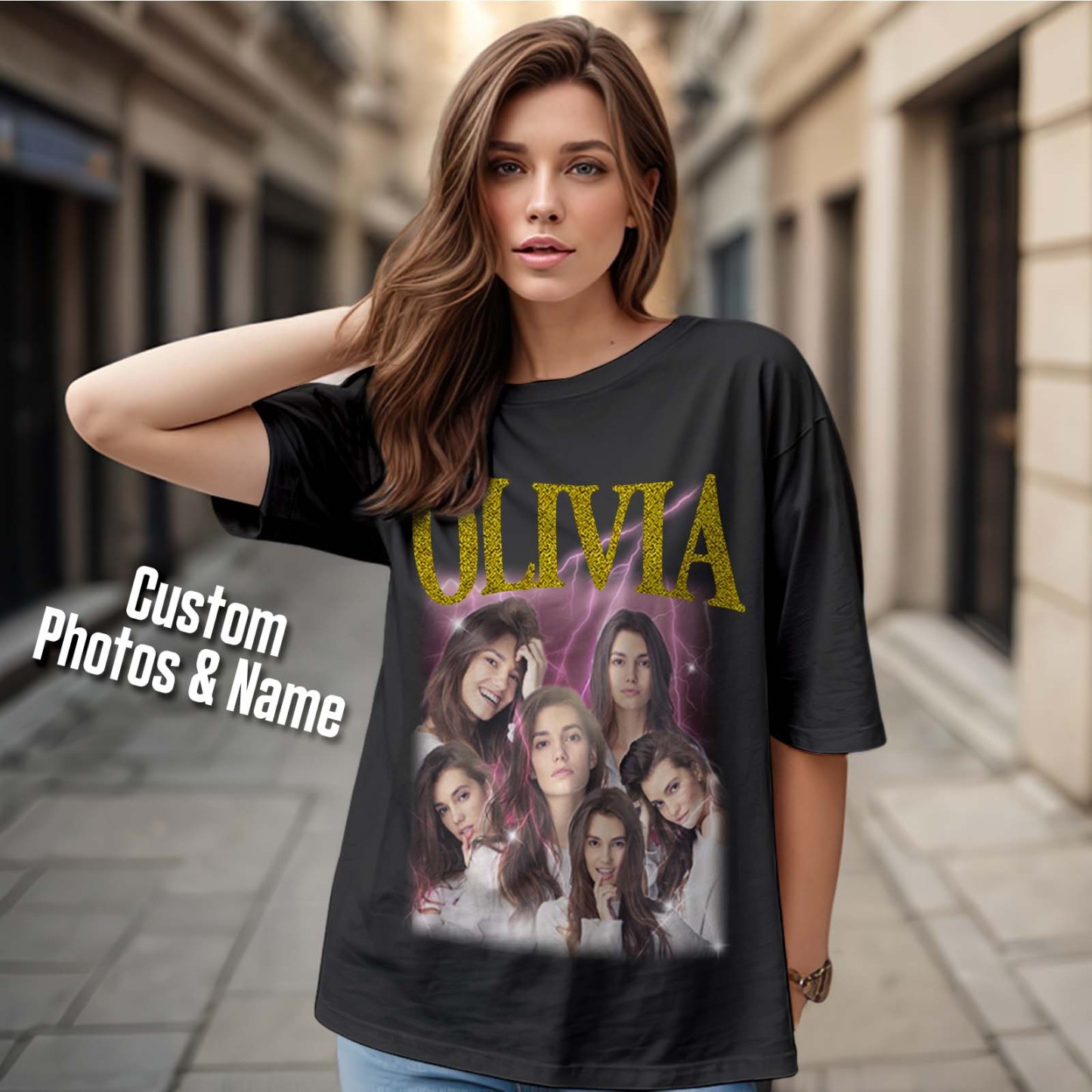 Custom Photo Vintage Tee Personalized Applique Glitter Name T-shirt Couple Gifts - MyFacepajamasAU