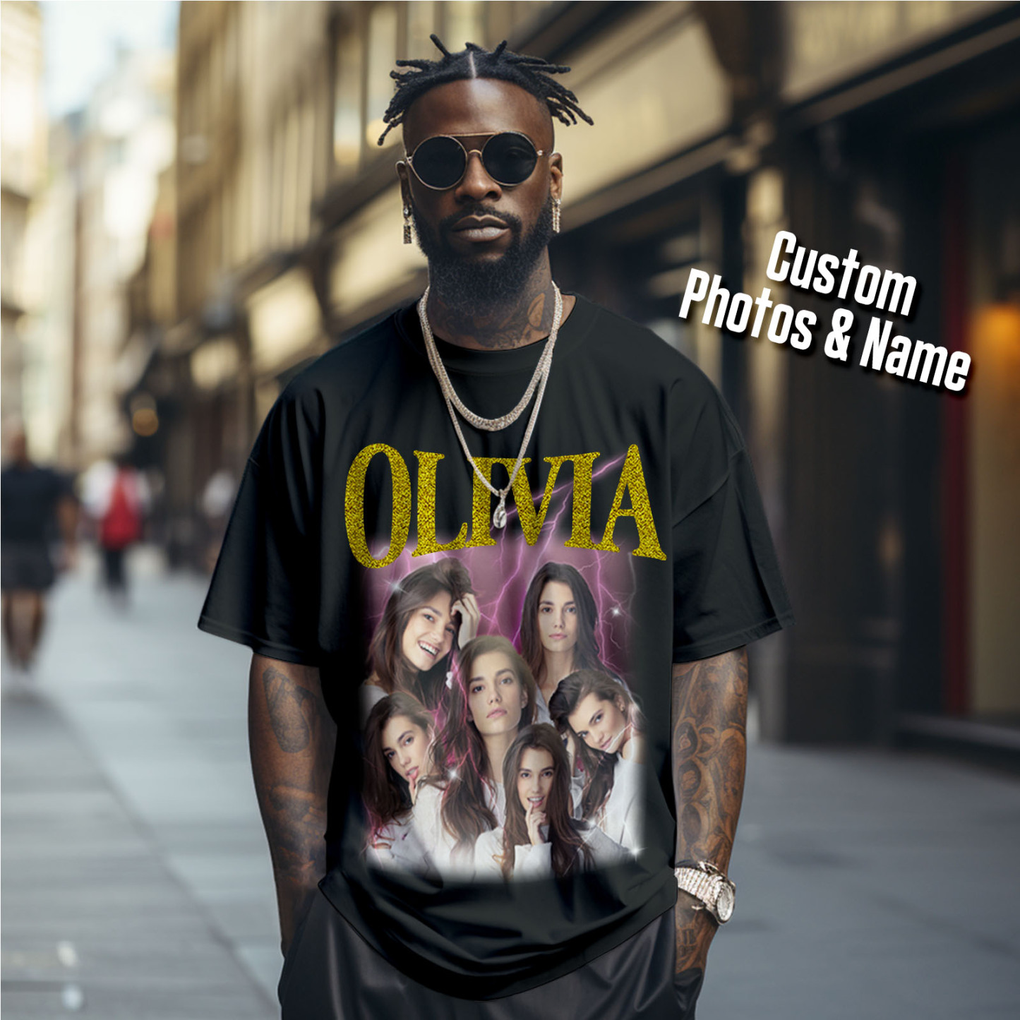 Custom Photo Vintage Tee Personalized Applique Glitter Name T-shirt Couple Gifts - MyFacepajamasAU