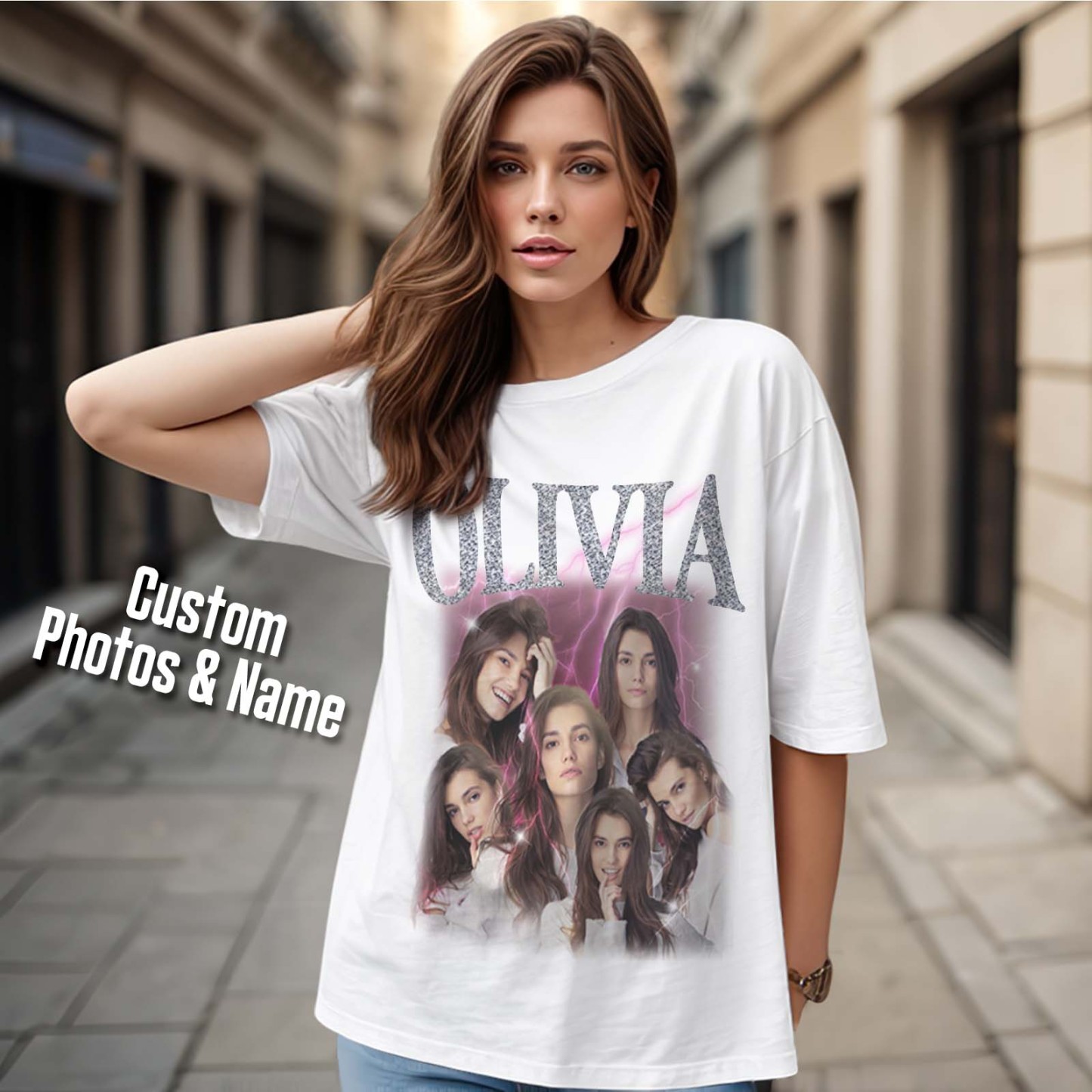 Custom Photo Vintage Tee Personalized Applique Glitter Name T-shirt Couple Gifts - MyFacepajamasAU