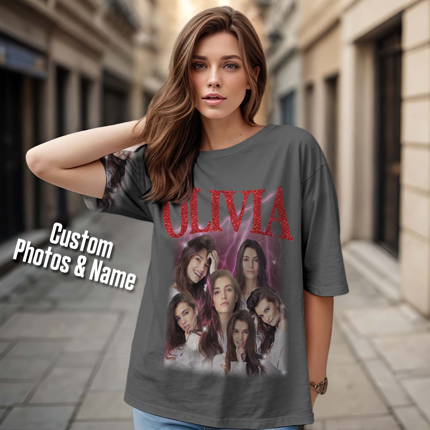 Custom Photo Vintage Tee Personalized Applique Glitter Name T-shirt Couple Gifts - MyFacepajamasAU