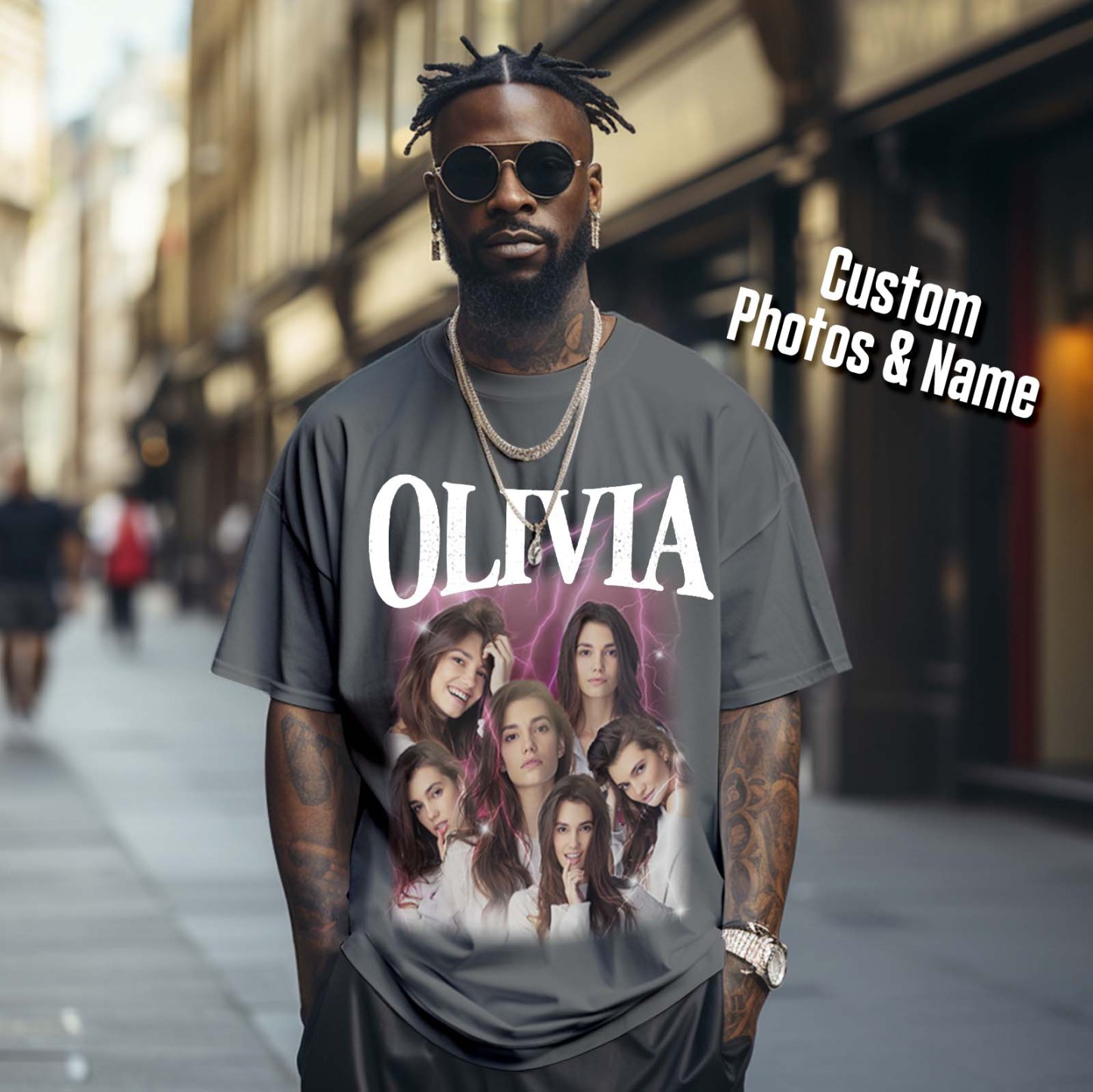 Custom Photo Vintage Tee Personalized Applique Glitter Name T-shirt Couple Gifts - MyFacepajamasAU
