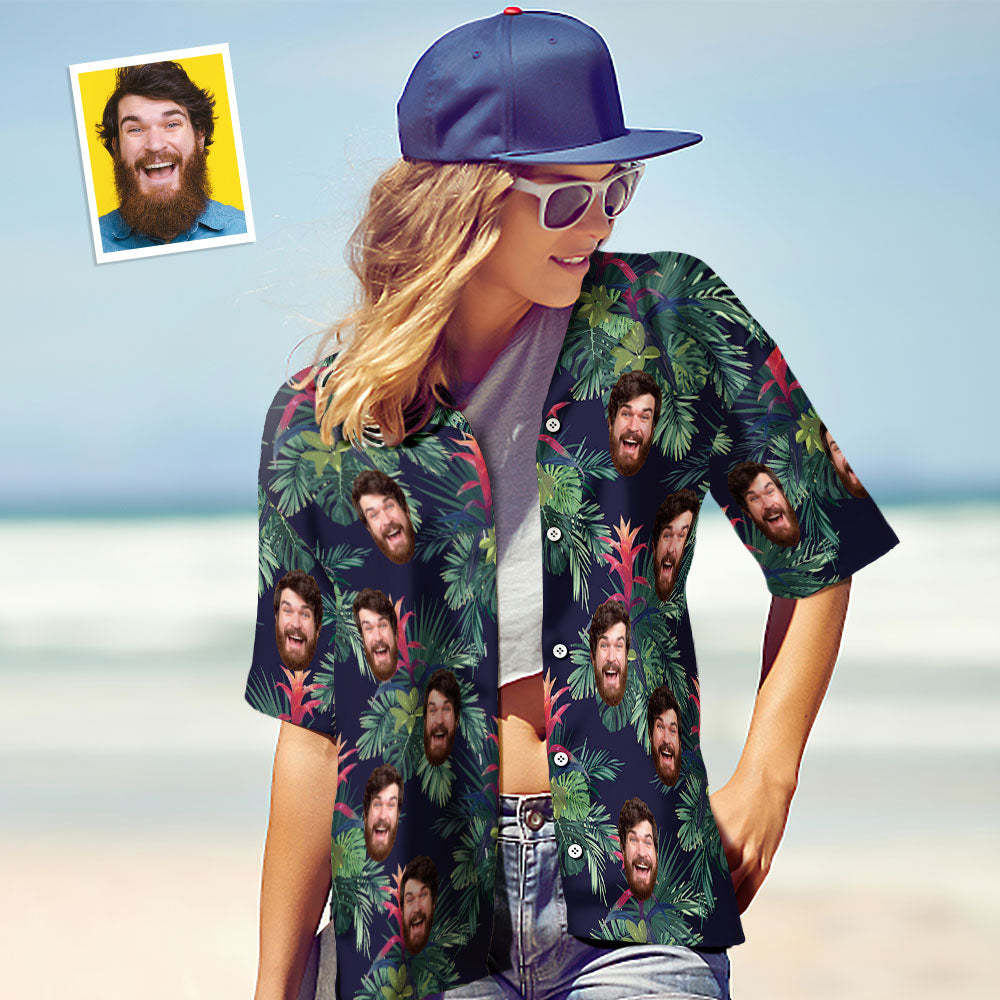Custom Face Shirt Personalized Photo Women's Hawaiian Shirt Gift - Green Leaves